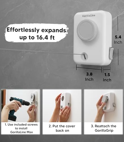 Max - Retractable Clothesline Indoor Outdoor Clothes Line - Heavy Duty Clothes Drying Laundry Line - Wall Mounted Drying Rack - Air Dry Clothing - Max Tighten with GorillaGrip - style: White - Upgraded Model