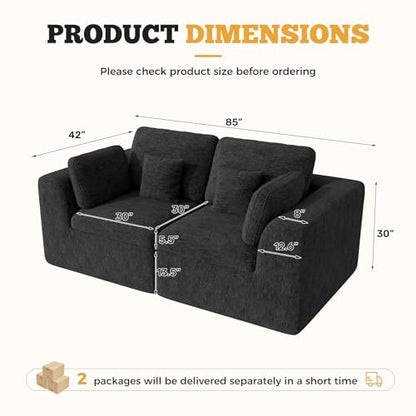 Luxanimarion 85'' Loveseat Sofa, Cloud Boneless Couches for Living Room, 2 Seater Modular Sectional Sofa,Oversized,Black Chenille - color: Black, size: Love Seat