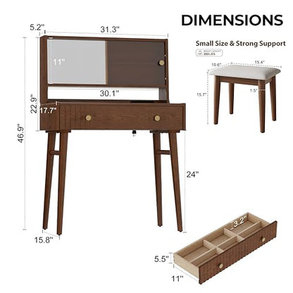 Large Vanity with Mirror and Power Outlet, Wood Vanity with Chair, Makeup Table Sets for bedrooms and bathrooms, Walnut Dressing Table - size: 1 desk + 1 chair