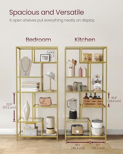 VASAGLE Bookshelf, 6-Tier Tall Bookcase, Display Shelf, Plant Stand, 11.8 x 31.5 x 70.9 Inches, Tempered Glass, for Study, Office, Living Room, Bedroom, Kitchen, Metallic Gold ULGT502A01 - color: Metallic Gold, size: 6 Tiers (31.5"W x 70.9"H)