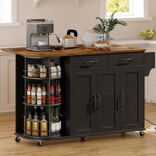 Kitchen Island with Power Outlet & Drop Leaf, Kitchen Rolling Island with Rotating Organizer, Kitchen Island Cart with Storage Cabinet, Mobile Island Table for Kitchen, Black and Rustic Brown - color: Black + Rustic Brown