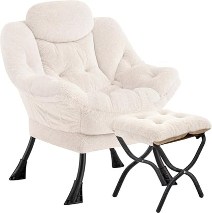 Lazy Chair with Folding Ottoman,Leisure Sofa Chair,Soft Fabric Armchair with Armrests and Side Pockets, Reading Chair with Footrest for Living Room, Bedroom, Office (Plush Beige) - color: Plush Beige