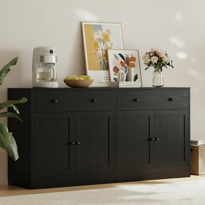 TUSY 71" TV Stand Storage Set, Black, AEEA | 2 Tall Bookcases & 2 Side Cabinets, Media Console with Glass & Wood Doors, Entertainment Center with Drawers - color: Black