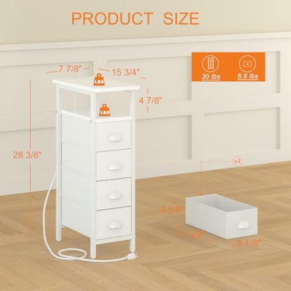sthmec Nightstand with Charging Station, Narrow Night Stand Set of 2 with 4 Drawers, Skinny Side Table with Fabric Drawers,Slim Sofa Couch Tables for Small Spaces,Living Room,Bedroom, White - color: White, style: Power