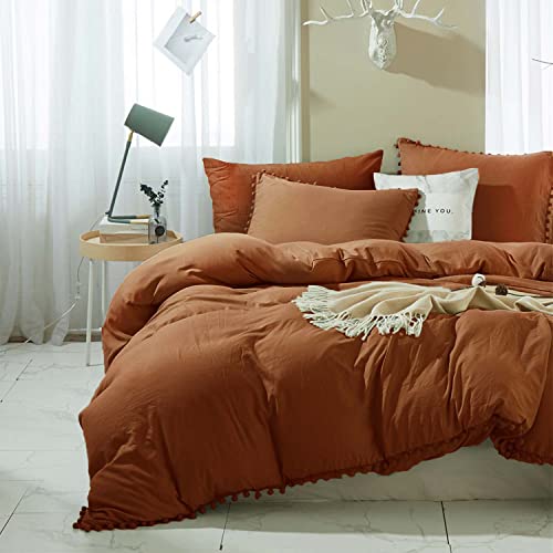 ETDIFFE Burnt Orange Boho Duvet Cover Set Queen Size, 3 Piece, 90x90 Inch | Bohemian Terracotta Pompom Microfiber Bed Comforter Cover Set, Farmhouse Soft & Lightweight Bedding Quilt Cover - color: Burnt Orange, size: Queen (No Comforter)