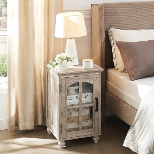 Narrow Side Table Set of 2, Farmhouse Nightstand with Charging Station | End Tables with Glass Barn Door, Cabinet Organizer with Adjustable Shelf, Night Stand for Small Spaces Living Room Bedroom - color: Grey, size: Set 2