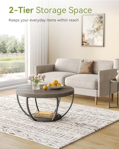 LITTLE TREE Round Coffee Table, 32" Circle Coffee Tables for Living Room | 2-Tier Wood Accent Center Table with Open Storage Industrial Design Home Furniture (Grey and Black) - color: Grey and Black