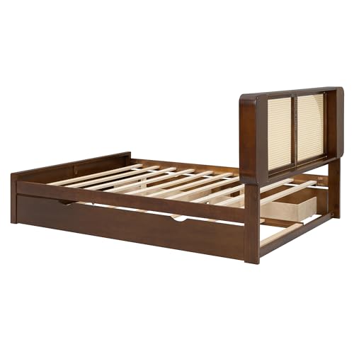 Queen Size Bed Frame with Trundle and Drawers for Aldults, Walnut | Mid Century Bed Frame with Rattan Headboard, No Box Spring Needed, Space Saving