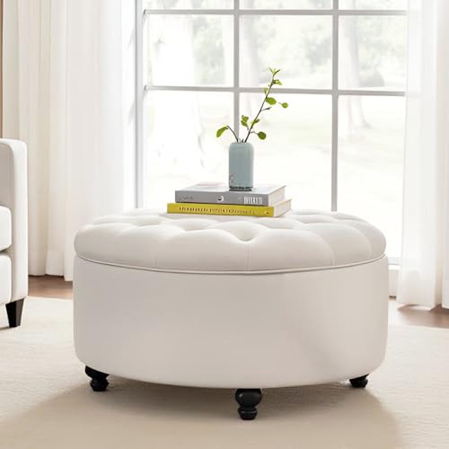 HUIMO 30-Inch Round Storage Ottoman, Button Tufted Coffee Table(Ivory) | Ottoman Coffee Table with Removable Top, Upholstered Ottoman with Storage, Footrest Stool for Living Room, Bedroom and Office - color: Cream