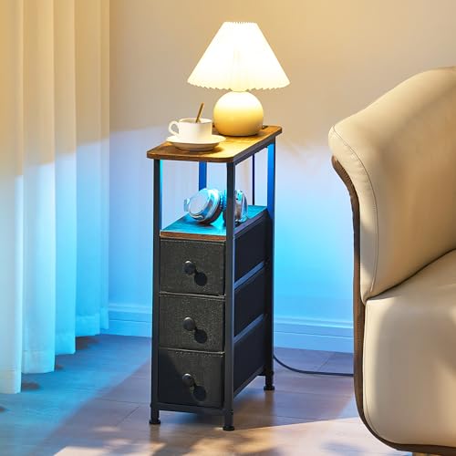 Narrow End Table with Charging Station, Narrow Side Table with Drawer, Small Nightstand with LED Light, Skinny Nightstand, Small Bedside Table for Living Room, Bedroom, Couch, Rustic Brown - color: Rustic Brown, size: 7.9" W x 18.9" D, style: Power + Ligh