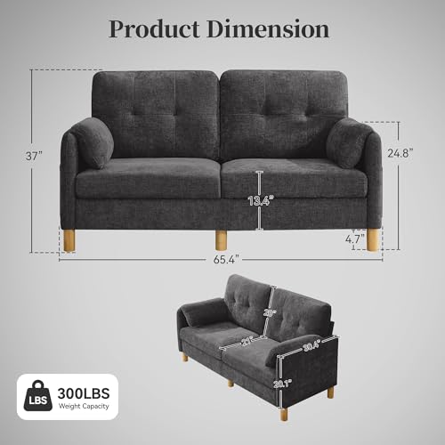 Mid Century Modern Couch, 65" Loveseat Sofa, Dark Grey | Storage Pockets, Upholstered Small Loveseat for Small Spaces, Bedroom, Home Office, Apartments - color: Dark Grey