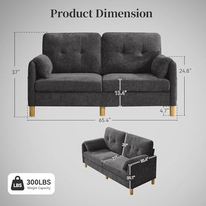 Mid Century Modern Couch, 65" Loveseat Sofa, Dark Grey | Storage Pockets, Upholstered Small Loveseat for Small Spaces, Bedroom, Home Office, Apartments - color: Dark Grey