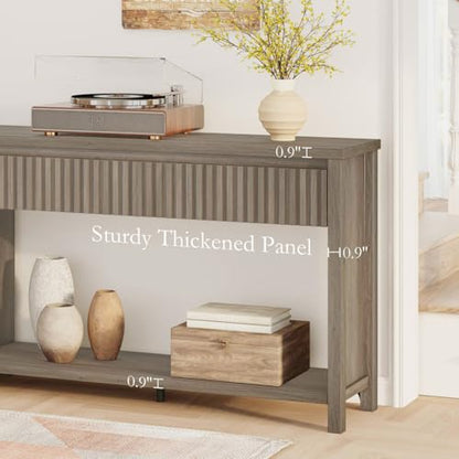 Console Table with Storage, 47In Entryway Table with Drawers, Grey Couch Tables Behind Sofa, Narrow Sofa Tables with 2-Tier Shelf for Living Room, Hallway, Front Door, Greige Oak - color: Greige Oak