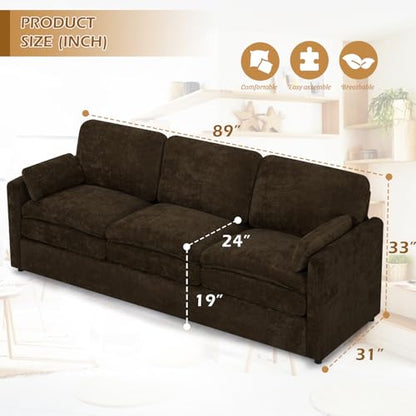 3 Pieces Chenille Sofa Set w/Two Arm Pillows, Brown | Upholstered Loveseat & 2 Pieces 3-Seater Sofa w/Soft Cushions, Modern 2-Seat & 3-Seat w/High-Density Foam for Living Room - color: Brown, size: 69" & 89" & 89" Sofa Set
