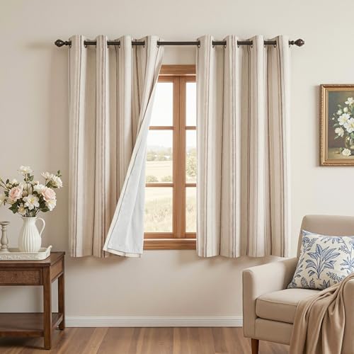 MYSKY HOME Taupe Striped Curtains 63 Inches Long Full Blackout Tan Ticking Stripe Pinstripe Linen Blended Double Layer Curtains for Bedroom Farmhouse Drapes, Grommet, 2 Panels, 52" Wide - color: Taupe/Blackout, size: 52"W x 63"L (Pack of 2)