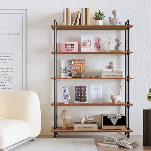 Industrial Bookshelf, Pipe Shelf Bookcase, 5 Tier, 48" Weathered Brown | Solid pine shelves, 48 inch wide, black pipe frame, 50 lbs per shelf, open bookcase for books, plants, office - color: Weathered Brown, size: 48"L × 70"H