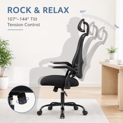 Black Ergonomic Office Chair, High Back Mesh Desk Chair with Adjustable Headrest Lumbar Support, Computer Chairs with Flip-up Armrests and Thickened Cushion for Adults Home Office, 360° Swivel - color: Black With Headrest