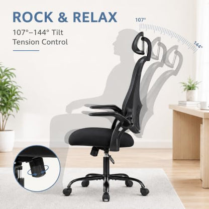 Black Ergonomic Office Chair, High Back Mesh Desk Chair with Adjustable Headrest Lumbar Support, Computer Chairs with Flip-up Armrests and Thickened Cushion for Adults Home Office, 360° Swivel - color: Black With Headrest