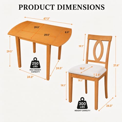 3-Piece Drop Leaf Wood Dining Table Set, Small Space Dining Set for 2 People, 1 Folding Extendable Table, 2 Upholstered Chairs, Space-Saving, for Apartments, Kitchen Room, Natural - color: Beige,natural
