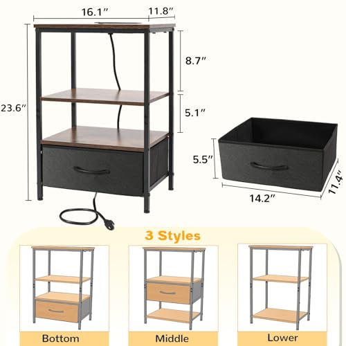 Night Stand with Charging Station, Bedside Table with Adjustable Fabric Drawers, End Table with LED Lights, Side Table with USB Ports Open Shelf for Bedroom, Black - color: Black