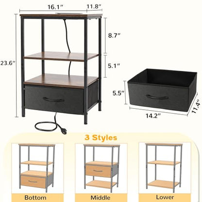Night Stand with Charging Station, Bedside Table with Adjustable Fabric Drawers, End Table with LED Lights, Side Table with USB Ports Open Shelf for Bedroom, Black - color: Black