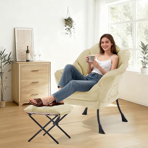 Lazy Chair with Ottoman Comfy Accent Lounge Chair with Side Pocket Cozy Chair Modern Reading Armchair with Footrest Upholstered Sofa Chair for Small Spaces Living Room Dorm Bedroom Khaki - color: Khaki