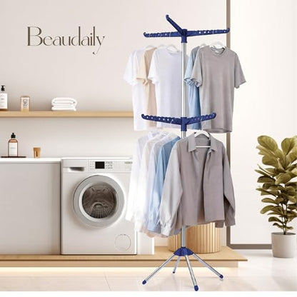 Beaudaily Clothes Drying Rack, Foldable 74.8-Inch Laundry Drying Rack, Indoor 2 Tier Drying Rack Clothing with Rotatable Arms, Stainless Steel, Holds 54 Pieces, Space Saving, Blue and Silver - color: Blue + Silver, size: 2-Tier