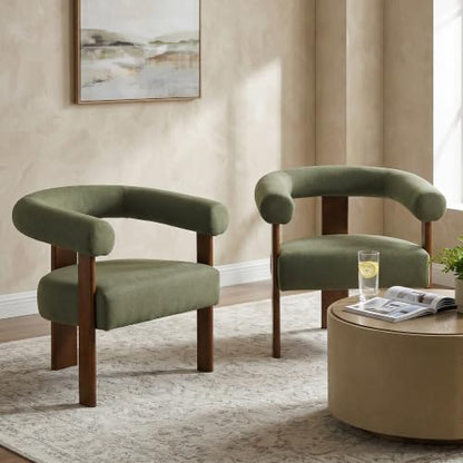 VKNOW Barrel Accent Chairs Set of 2 with Armrests and Walnut Wood Legs | Mid Century Modern Upholstered Living Room Chairs with Open Back, Faux Mohair Fabric, for Living Room, Bedroom, Green - color: Green(walnut Legs), size: Set of 2