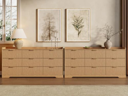Fluted 9 Drawer Bedroom Dressers Set of 2, 47"W x 26"H, Natural Oak | Modern horizontal chests of drawers with TV stand tops, metal handles, smooth-gliding drawers and anti-tip kits - size: 9D + 9D