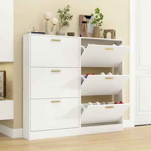 Shoe Cabinet Storage with 3 Flip Drawers and Closed Base, White, 2PCS丨Hidden Shoe Organizer, Freestanding Narrow Shoe Storage Rack for Entryway, Hallway, Entrance - color: 2pc-white, size: 3 Flip Drawers Without Shelf