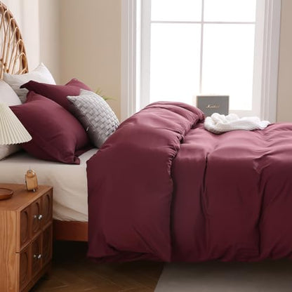 JSD Burgundy Duvet Cover Set Full Size | 3 Piece Soft Microfiber Duvet Cover with Pillow Shams Zipper Closure, Comforter Not Included, Oeko-Tex Certified - color: Burgundy, size: Full
