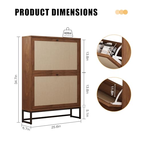 Narrow Sim Shoe Cabinet with 2 Flip Drawer, Sim Wooden Shoe Rack, Walnut | Freestanding Shoe Storage Cabinet for Entryway with Natural Linen Panel, Wood Shoe Organizer Closed Shoe Rack for Hallway - color: Walnut, size: 2 Drawers Single Layer