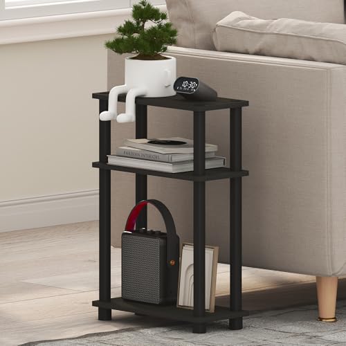 Furinno Turn-N-Tube Narrow Side Table, 3-Tier Rectangular Modern End Table with Storage Shelf, Slim Toolless Assembly Nightstand, Night Stand, Bedside Table, for Living Room, Bedroom, Espresso - color: Espresso/Black