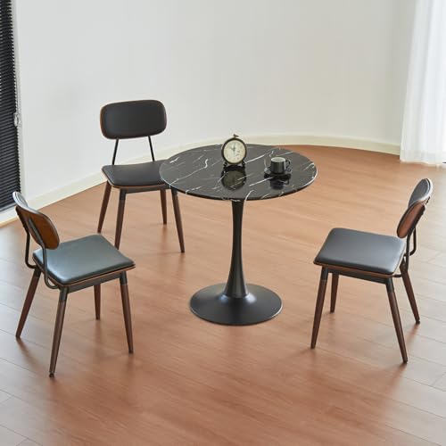 Round Dining Tulip Table 24" (Faux Marble Black) | with Thickened Tabletop & Metal Pedestal, Circle Bistro Table for Kitchen, Small Places, Living Room, Cafe - color: Faux Marble Black, size: 24"
