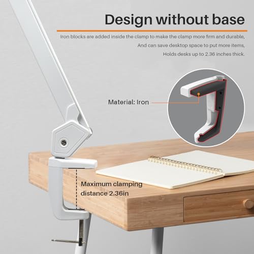 32-Inch LED Architect Desk Lamp with Clamp, 50W 4500LM, White | 342 SMD LEDs with reinforced dual metal arms deliver eye-caring lighting and 5 brightness levels for drafting and reading