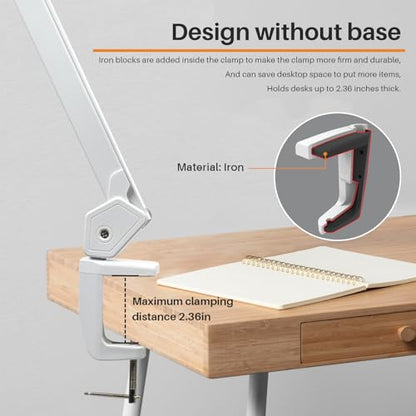 32-Inch LED Architect Desk Lamp with Clamp, 50W 4500LM, White | 342 SMD LEDs with reinforced dual metal arms deliver eye-caring lighting and 5 brightness levels for drafting and reading