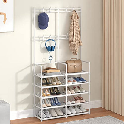 Laiensia 5-Tier Entryway Coat Rack, Coat and Shoe Rack, Entryway Bench Storage Organizer with 8 Hooks for Bedroom, Hallway, Office, White - color: White
