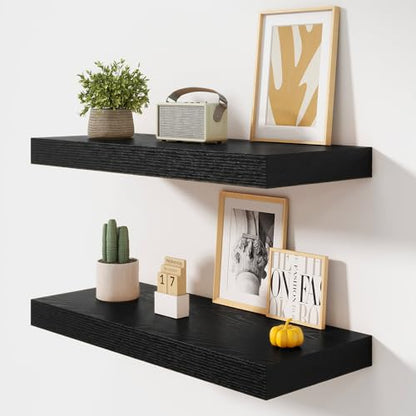 32 Inch Floating Shelves, 12'' Deep Black Shelves for Wall Set of 2 | Invisible Brackets, Engineered Wood, Mounting Hardware Included, 40LBS, Bathroom, Laundry Room, Kitchen, Living Room - color: Black, size: 32W x 11.6D x 2H, 2 Pack