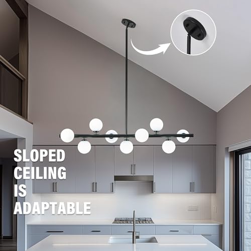 Mid Century Modern Globe Sputnik Chandelier, 9-Light Linear Chandeliers for Dining Room and Kitchen Island, Dining Light Fixture Over Table, Black and Milk White Glass Bubble, 40 Inch - color: Black Milk White, size: 9-Light 40 Inch