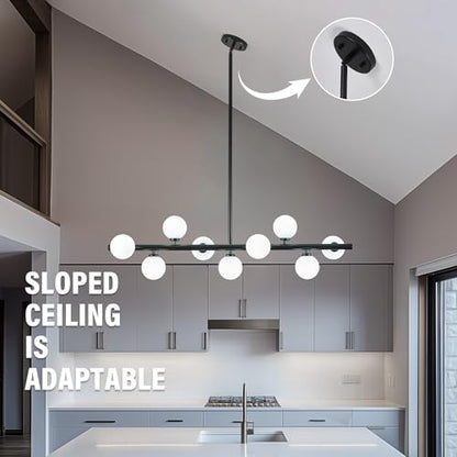 Mid Century Modern Globe Sputnik Chandelier, 9-Light Linear Chandeliers for Dining Room and Kitchen Island, Dining Light Fixture Over Table, Black and Milk White Glass Bubble, 40 Inch - color: Black Milk White, size: 9-Light 40 Inch
