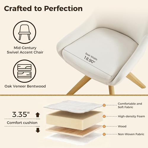 Swivel Desk Chair for Home Office, Oak Wood, Fabric, Off White | No Wheels Design, Solid Wood Legs, Mid Century Modern, Upholstered, 360° Swivel, Low Armrests, Living Room, Bedroom - color: Off White