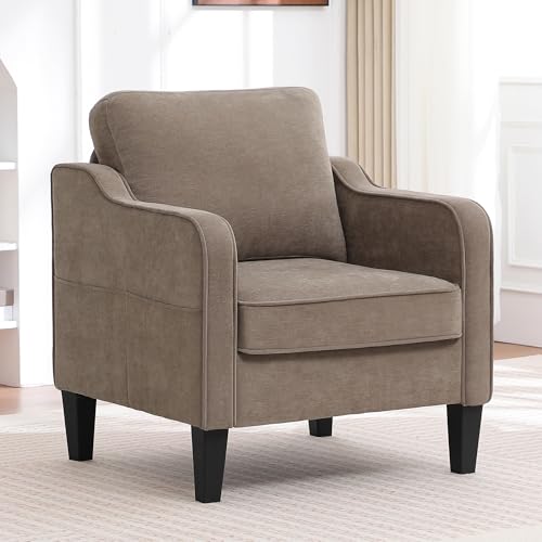 Accent Chair for Living Room, Mid Century Modern Reading Chair for Bedroom, Upholstered Armchair with Side Pockets, Comfy Single Sofa Side Chair for Office, Apartment, Small Room, Brown - color: Brown, size: Set of 1