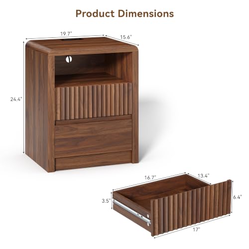 LYNSOM Fluted LED Nightstand Set of 2, Charging Station & 2 Drawers, Walnut | Mid Century Modern Night Stand with Stoarge, Wood Bedside End Table with Curved Edge for Bedroom, Living Room, Office, 20" W - color: Walnut, size: 2 Drawers