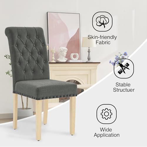 adochr Linen Dining Chairs Set of 6, Armless Parsons Chairs,Dark Grey | Wooden Legs & Tufted Buttons, Upholstered Dining Room Chair for Kitchen/Dining Room/Living Room - color: Dark Grey, size: 6PCS
