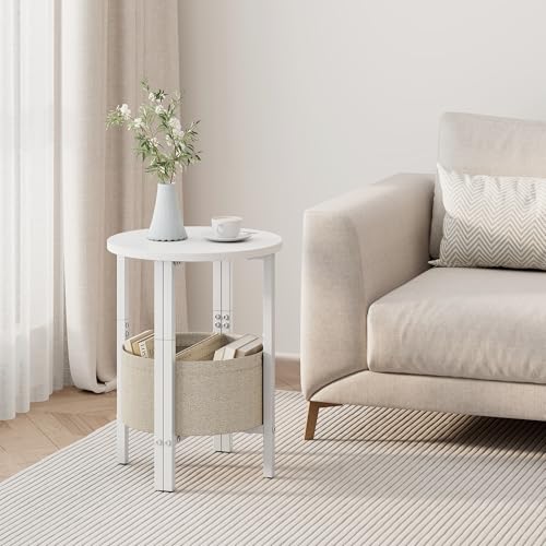Side Table, Small Round End Table, Tall Accent Table with Storage Basket, Set of 2 Half Round Coffee Tables Half Moon Tables, Bedside Table, Modern Nightstand for Living Room Bedroom, White - color: White