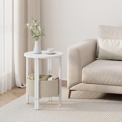 Side Table, Small Round End Table, Tall Accent Table with Storage Basket, Set of 2 Half Round Coffee Tables Half Moon Tables, Bedside Table, Modern Nightstand for Living Room Bedroom, White - color: White