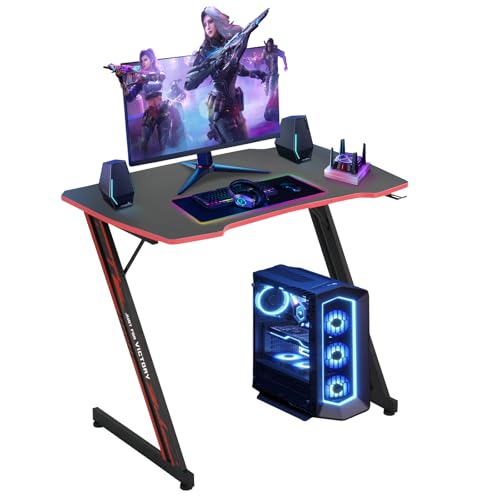 Dkelincs 35 inch Gaming Desk Z-Shaped Computer Desk PC Computer Table Home Office Desk Ergonomic Gamer Workstation with Headphone Hook, Red - color: Red, size: 35 Inch