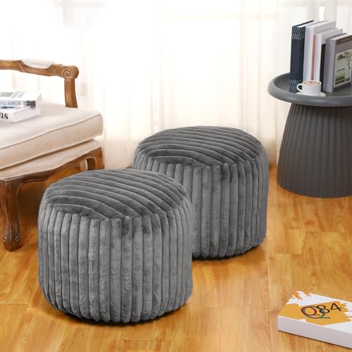 Teenyyou 2 Pcs Unstuffed Pouf Ottoman Cover Gray, 20 x 15 in No Filler | Soft Faux Fur Ribbed Texture, Floor Footrest for Living Room Bedroom, Bean Bag Seating Storage, Empty Cover No Insert - color: Grey, size: 20 x 15 In