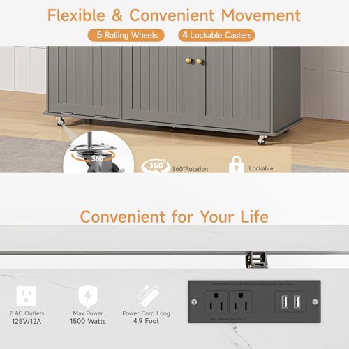 60" Kitchen Island with Power Outlet & Drop Leaf, Rolling Island with Spice Rack & Towel Rack, Kitchen Island Cart with Trash Storage Cabinet, Island Table for Kitchen, Grey+Imitation Marble - color: Grey+imitation Marble