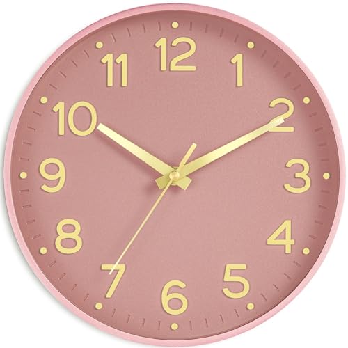 Roymnie 12 Inch Wall Clock Battery Operated Silent Non Ticking Analog | Pink Gold modern analog; large 3D easy-read dial for kitchen, office, bathroom & bedroom; 1 AA battery (not included) - color: M_pink Gold, size: 12 Inch